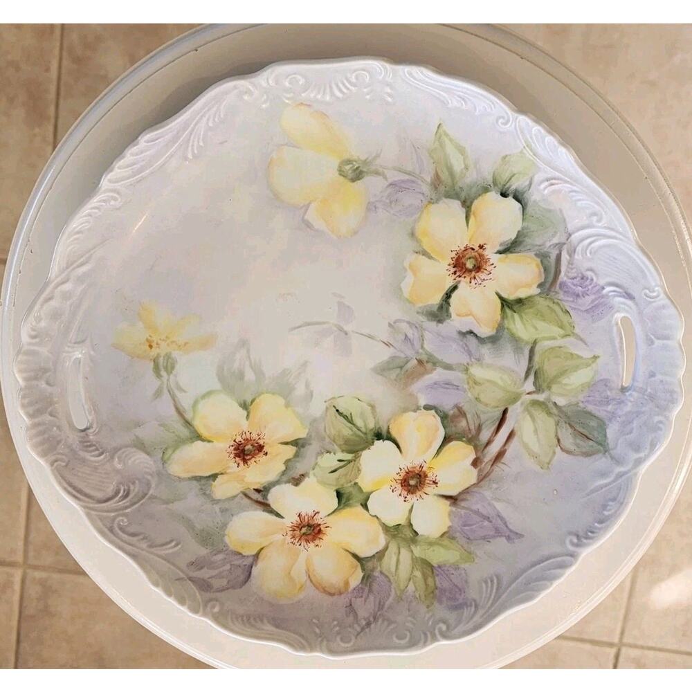 VTG Bavaria Germany Handled Cake Plate Dish Floral Hand Painted Purple Yellow